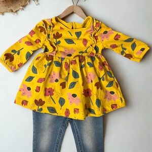 Yellow Floral Baby Dress with Denim Leggings